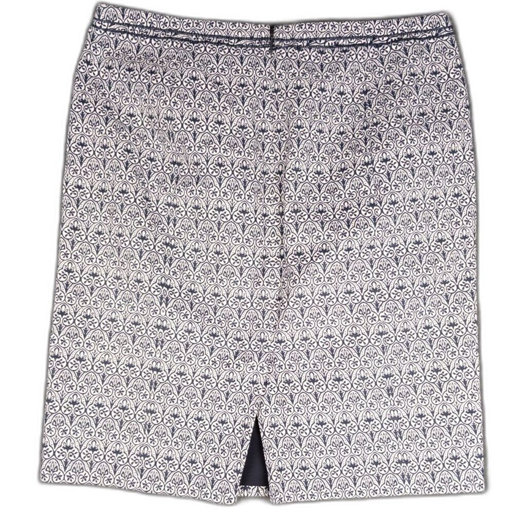 Tory Burch Heidi Pencil Skirt Size 12 Navy Blue Ivory Jacquard Knee Length - Picture 3 of 6